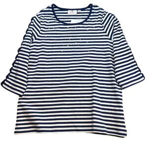 New Quacker Factory by Jeanne Bice Blue White Embellished 3/4 Sleeve Top Large